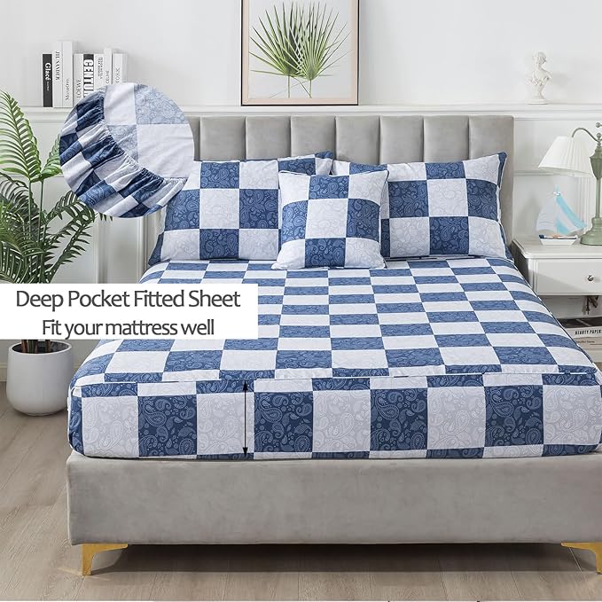 FADFAY Paisley Twin Extro Long Size Plaid Navy Blue Sheets 100% Cotton Geometric Checker Bedding Teens Grid Grey Gingham Pattern College Bedding Deep Pocket Sheets with 2 Pillowcases Ultra Soft 4pcs