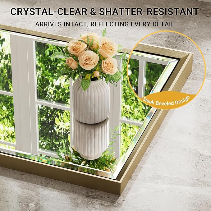 16x60 Inch Brushed Gold Full Length Mirror with Beveled Edges, Anti‑Rust Gold Rectangle Standing or Wall Mounted Full Body Mirror for Bedroom, Living Room, Entryway, Bathroom Wall