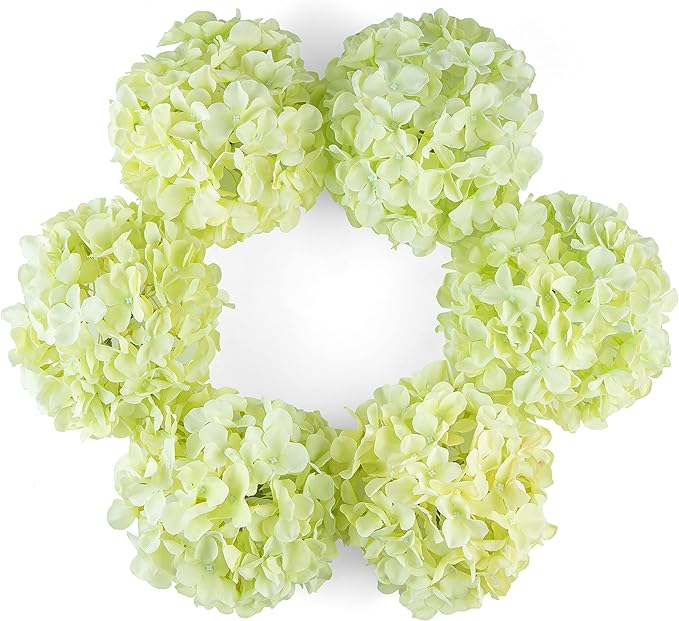 DuHouse Artificial Bigger Silk Hydrangea Flower Heads with Stem Fake Green Hydrangea Flowers for Wedding Home Garden Centerpiece Pack of 6