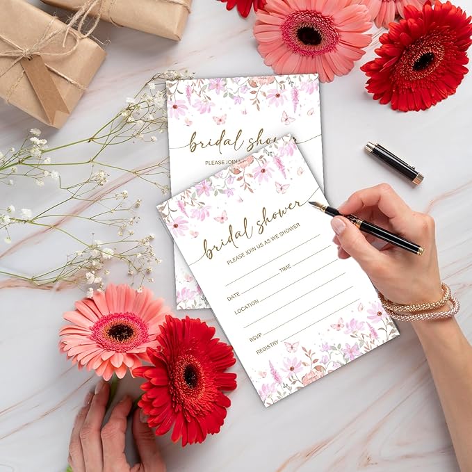 Pink Floral Bridal Shower Invitations, Spring Butterflies Invites with Envelopes, 4x6 Invite Card for Wedding Shower, Newlyweds, Party Favor & Decorations-A02