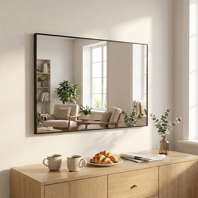 48"x36" Black Landscape Bathroom Mirror for 48-60 inch Vanity, Shatterproof Tempered Glass, Narrow Metal Frame, Large Mantle Mirror