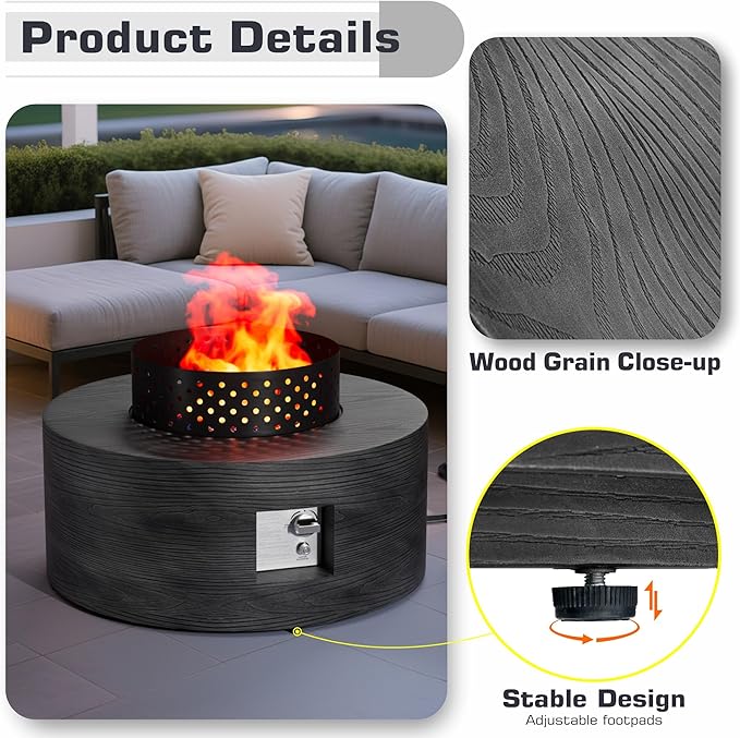 2-Piece 30" Round Propane Fire Pit for Outside Patio with Hidden Tank Table, 50,000 BTU Fireplaces with Wind Guard, Lid, Glass Rocks, Cover(Wood Grain Ebony)