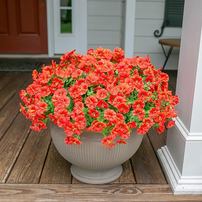 Artificial Flowers Fake Plants for Outdoors Spring Summer Decor, 12 Bundles Orange Silk Morning Glory with Eucalyptus Look Real UV Resistant Faux Flowers for Outside Planters Front Door Yard Indoor