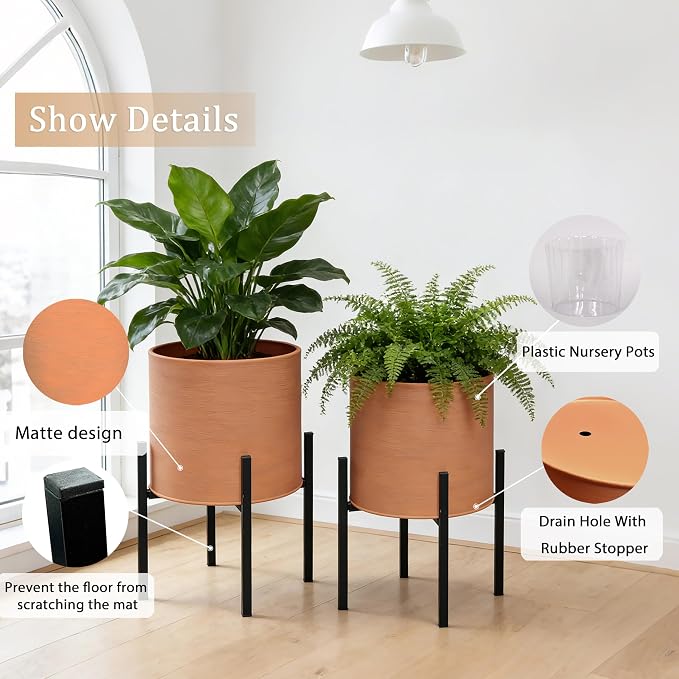 ARNIS Modern Plant Pots, Large Planters with Stand, Set of 2 Decorative Planters, Metal Pots with Drainage Holes for Living Room, Office, Garden or Balcony, 10.5 &12.25 Inch, Terracotta