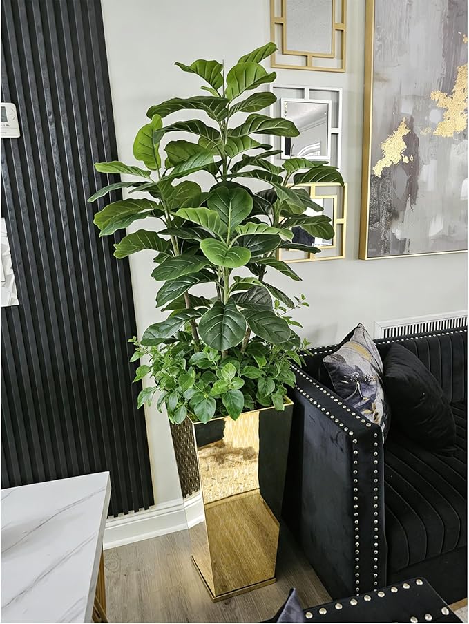 Luxury Stainless Steel Golden Taper Tall Planter Box Set of 2 with Mirror Etching No Coating 24”H Top 11” Bottom 8”,Decrative Pot Indoor, Modern Décor for Home,Office,Tall Plants,Trees,Flowers