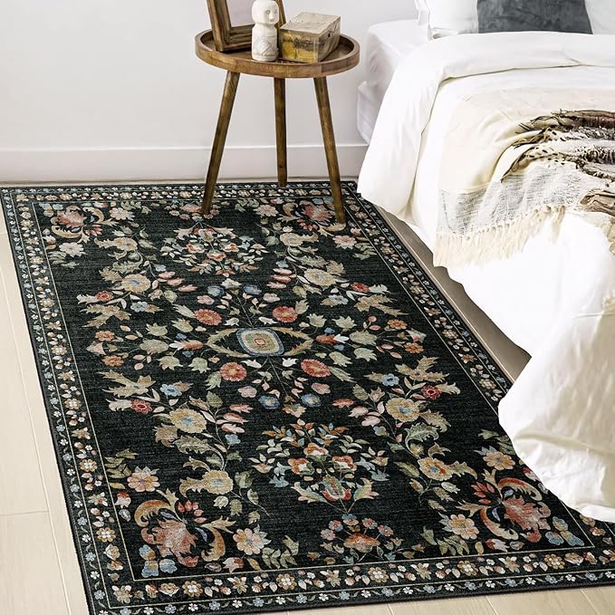 MUJOO 3x5 Rug Washable,Black Floral Area Rugs for Bedroom Bedside Entryway Living Room Kitchen,Floral Boho Small Indoor Floor Rug Non Slip Throw Carpet Low Pile Vintage