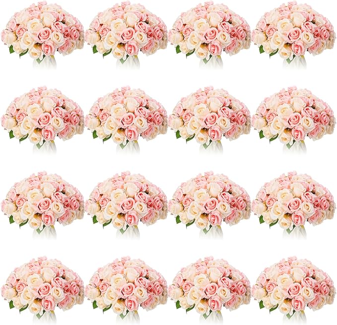 Jexine 240 Pcs Artificial Rose Flowers Bouquet Silk Realistic Flowers Bulk Centerpieces DIY Bride Fake Rose for Home Bridal Wedding Party Decorations(Pink and White)