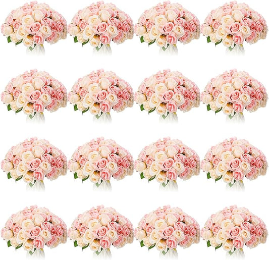 Jexine 240 Pcs Artificial Rose Flowers Bouquet Silk Realistic Flowers Bulk Centerpieces DIY Bride Fake Rose for Home Bridal Wedding Party Decorations(Pink and White)