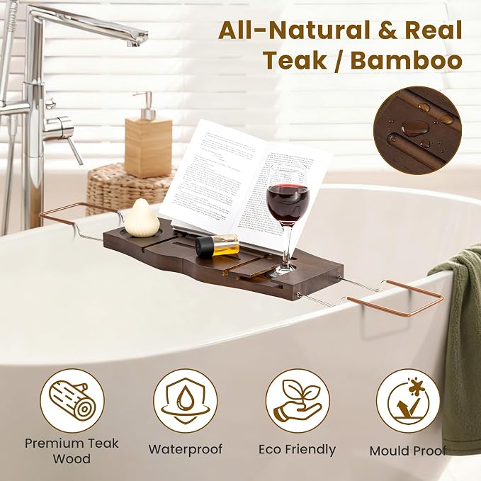 Teak Bathtub Tray Expandable Bathroom Tray for Home Spa Relaxation, Wooden Tray Caddy for Bathtub, Teak Bathtub Caddy as Unique Housewarming, Birthday, Wedding Shower Gifts. Dark Walnut