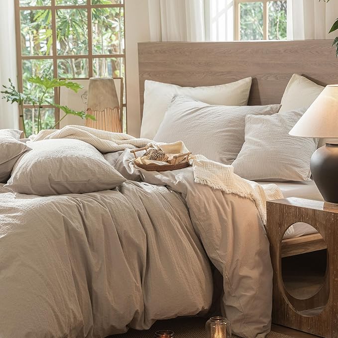 MooMee Wavy Striped Duvet Cover Set 100% Washed Cotton Linen Like Textured Breathable Durable Soft Comfy (Beige, Cal King 104"x98")