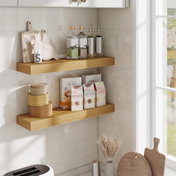 Fun Memories Floating Shelves Set of 2, 24 Inch Floating Shelves for Wall, Wood Wall Shelves with Invisible Brackets, for Bathroom, Bedroom, Living Room, Kitchen, Oak