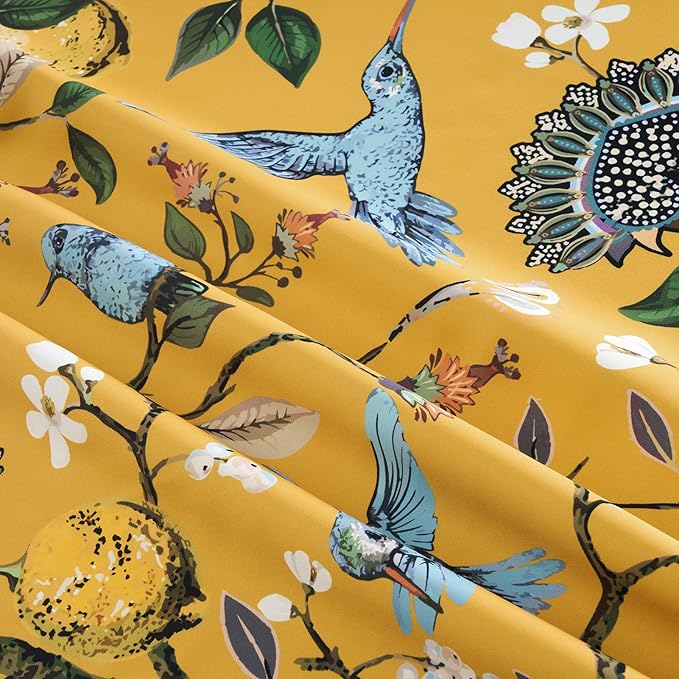 Mustard Yellow Printed Pattern Curtains 96 Inches Long for Living Room Bedroom Pinch Pleated Blackout Vintage Art Deco Anthropologie Vintage Floral Lemon Hummingbird Drape 96 Inch Length 2 Panels