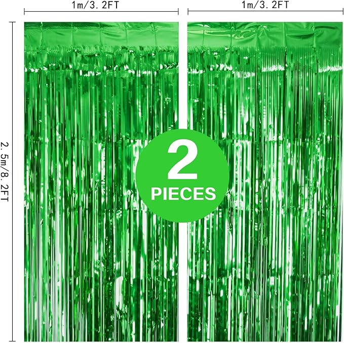 2 Pack Green Tinsel Curtain Party Backdrop, 3.2Ft x 8.2Ft Metallic Tinsel Foil Fringe Curtains Photo Booth Props Background for Christmas St Patrick’s Day Safari Tropical Bachelorette Decorations