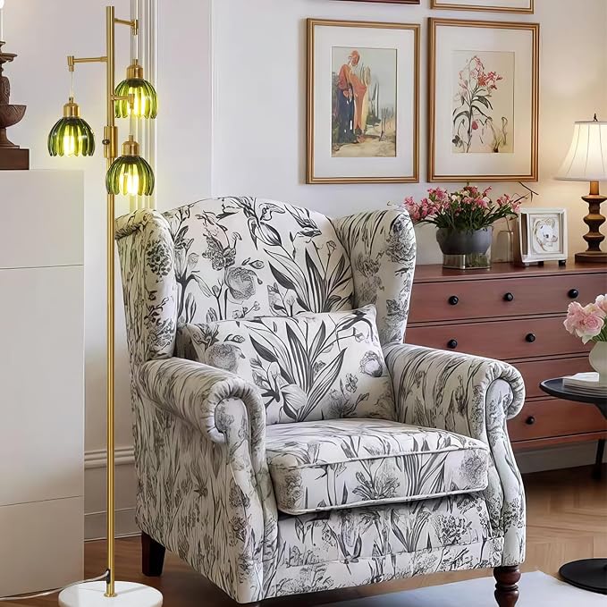 Dimmable Gold Floor Lamp,3-Light Vintage Retro Tree Floor Lamp,Farmhouse Standing Lamp with 3 Elegant Glass Green Flower lampshades for Living Room Bedroom (Brass Gold)