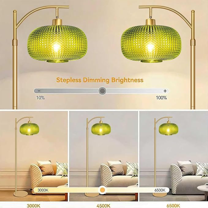 Glass Floor Lamp for Living Room, Modern Standing Lamp for Bedroom, Dimmable Tall Lamp with Shade, Remote,12W LED Bulb Included (Gold+Green)