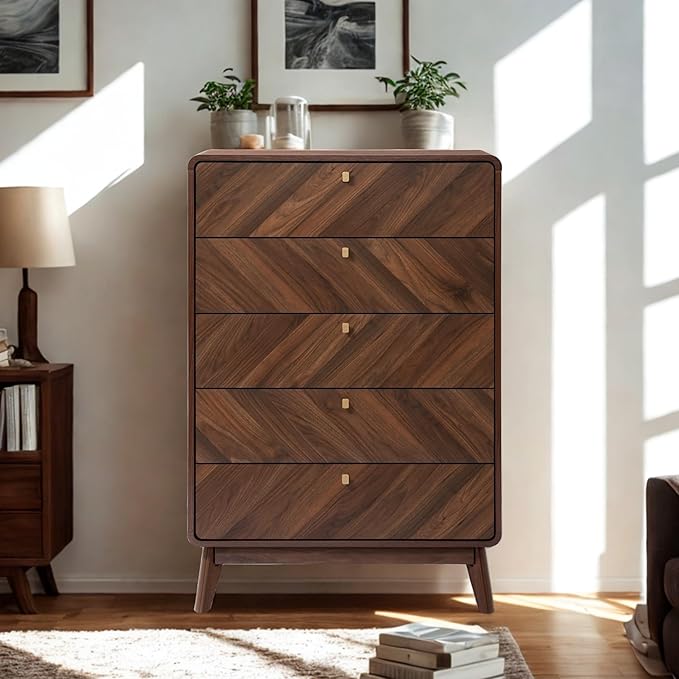 LuxenHome 5 Drawer Dresser for Bedroom, Mid Century Modern 48" Tall Wooden Bedroom Dressers, Walnut Brown MDF Wood Bedroom Dressers with Drawers, Chest of Drawers for Clothes Organizer Furniture