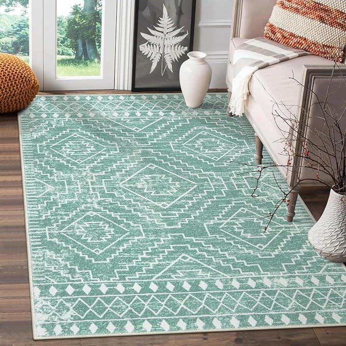 Wonnitar Moroccan 3x5 Area Rug, Sage Green Rug for Bedroom, Washable Farmhouse Kitchen Rug Non-Slip Living Room Throw Mat, Soft Non-Shedding Small Carpet for Bathroom Dorm Office (Mint Green,3'x5')