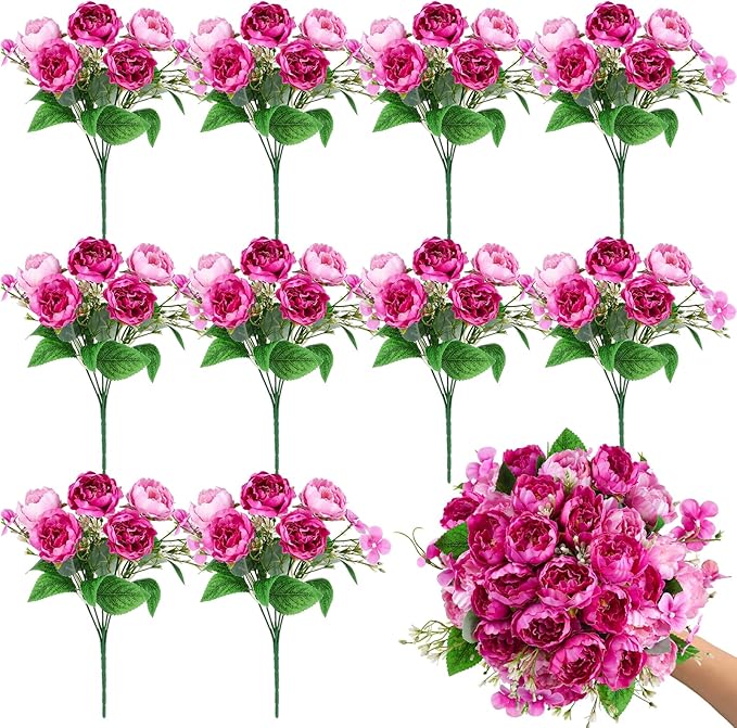 Olgaa 12 Bundles Peonies Artificial Flowers Fake Peony Bouquet Faux Peonies Flowers Bulk with Stems Flower Balls for Centerpiece Table Decorations Wedding Bridal Floral Arrangement (Rose Red)
