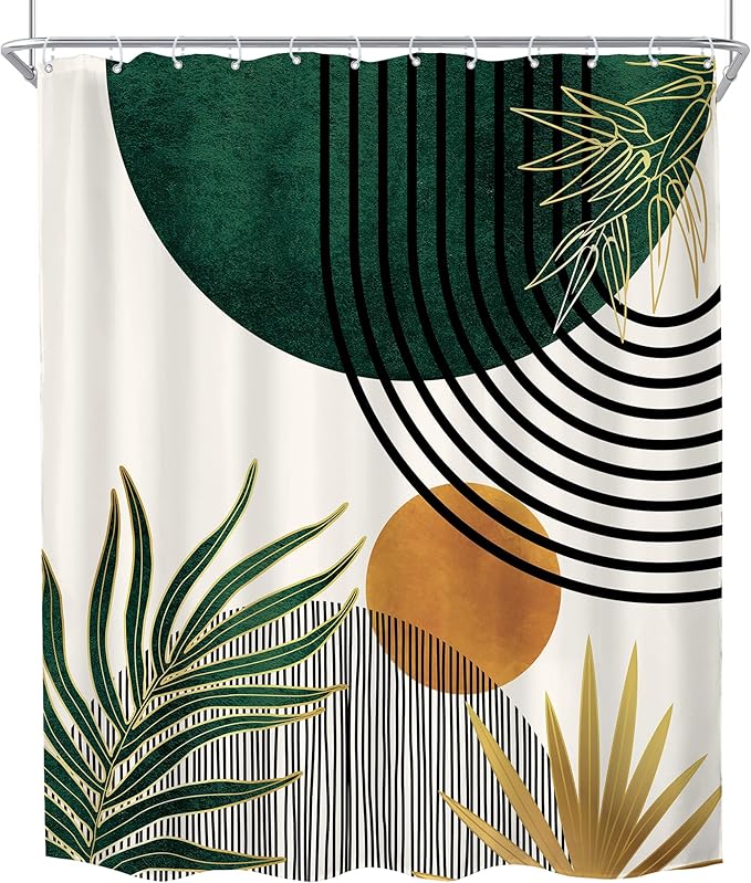 KOMLLEX Mid Century Green Boho Shower Curtain 72Wx78L Inches Abstract Modern Shower Curtains for Bathroom Decor Plant Botanical Minimalist Leaf Arch Sun Fabric Liner Waterproof Polyester 12 Pack Hooks