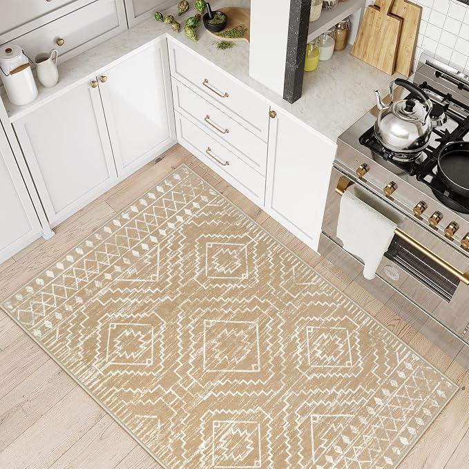 Wonnitar Moroccan Washable Rug 3x5, Non-Slip Entryway Area Rug, Soft Farmhouse Bedroom Throw Mat, Geometric Low Pile Scandinavian Accent Carpet for Entry Kitchen Basement (Kakhi,3'x5')