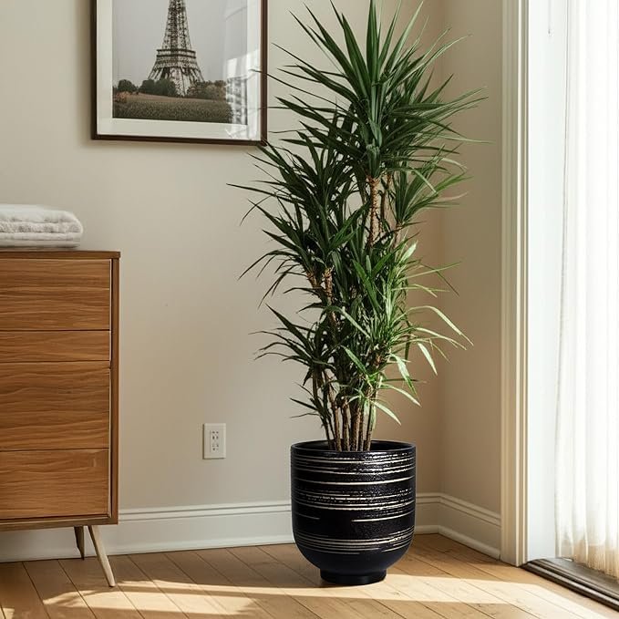 HERDUK Large Black Ceramic Planter for Indoor Trees, Modern Indoor Floor Planter Pot for Olive Trees & Faux Olive Trees, Pottery Planter with Drainage for Real Plants