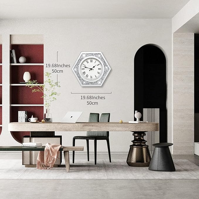 Large Wall Clock for Living Room Decor Crystal Crush Diamond Mirrored Sparkle Twinkle Bling Modern Wall Clock Big Silver Mirror Home Decorative 20 inch Silent Wall Clock for Indoor Decor