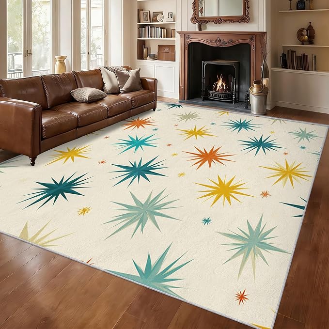 Mid Century Modern Rugs for Living Room Decor, 4x5 ft, Retro Starburst Atomic Area Rugs for Bedroom, Soft Non Slip Washable Geometric Sunburst Carpet Home Decorations D-g48