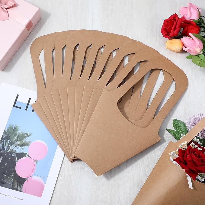 Yuanan 50 Pack Flower Bouquet Wrapping Paper Bags with Handles, Kraft Flower Bar Supplies for Weddings, Birthdays, Events-Flower Bouquet Holders for-Bouquet Bar