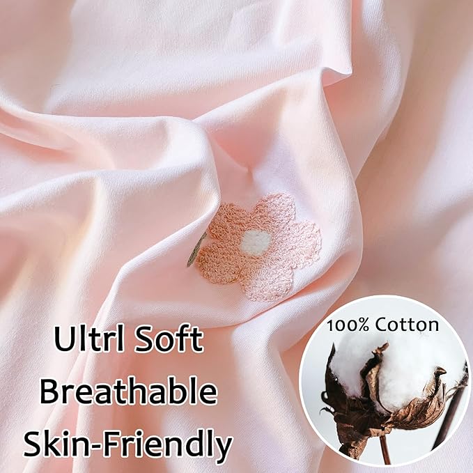MorroMorn Cotton Duvet Cover Queen Size, 3D Embroidery Queen Bedding Sets Pink Bed Set, Cute Chenille Embroidered Comforter Covers Soft Breathable for Girls Boys Kids Teen (Flowers Pink, Full/Queen)