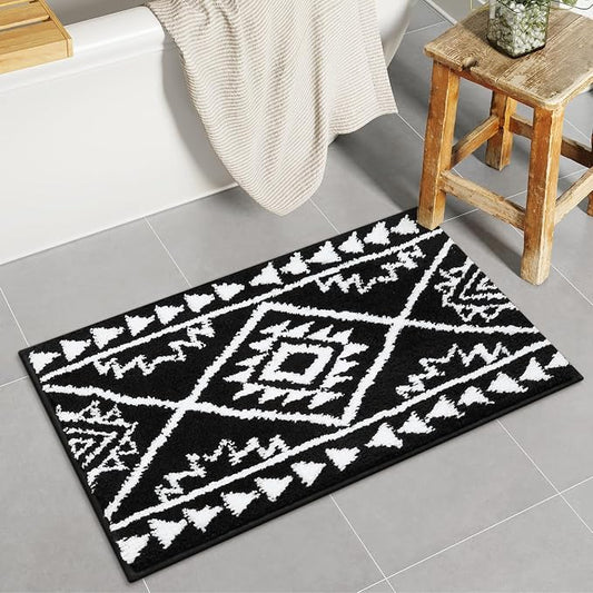 Uphome Black Bathroom Rug Boho Shaggy Soft Bath Rug Western Non-Slip Machine Washable Bathroom Mat Absorbent Geometric Rustic Tribal Shower Rug for Toilet Tub Vanity, 20x32 inch