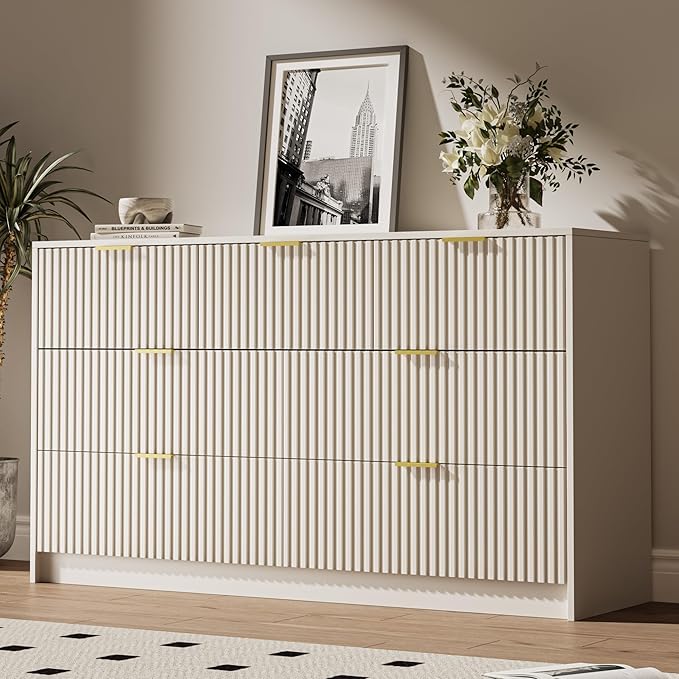 3 Piece Dresser Bedroom Set, 7 Drawer Dresser & 3 Drawer Nightstands with Gold Handles, Fluted Wood Chest of Drawers for Bedroom, Living Room, Entryway, Beige