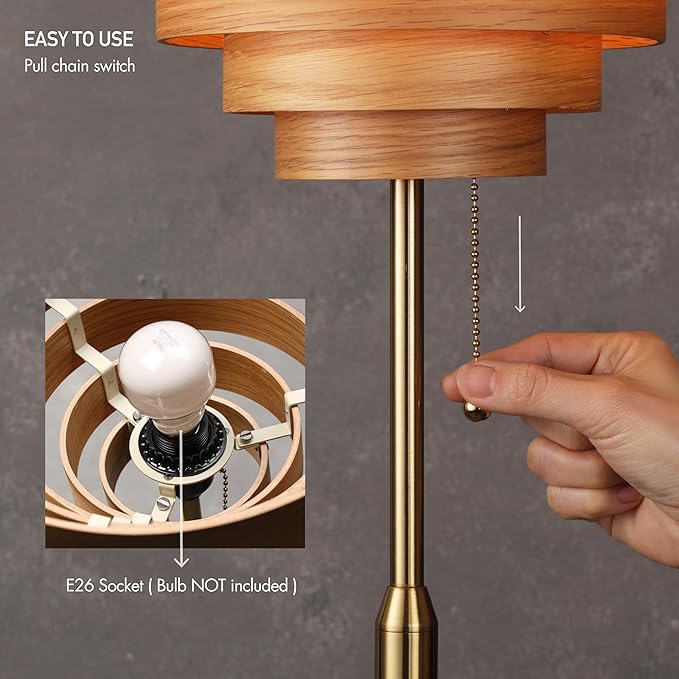 O'Bright Cascade Floor Lamp – Modern Wooden Layered Lampshade, E26 Socket, Pull Chain Switch, Metal Base, Standing Lamp for Living Room, Bedroom, Office, Antique Brass