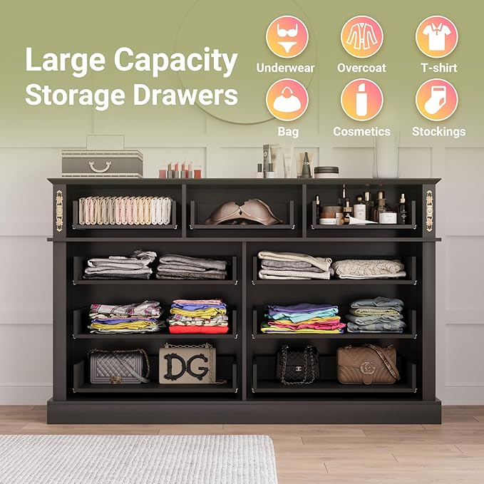 63Wx39H Large Dresser Black,9 Drawers Dresser for Bedroom, Retro Chest of Drawers with Gold Knobs, Wooden Storage Dressers, Bedroom Storage Organizer for Closet, Living Room, Hallway
