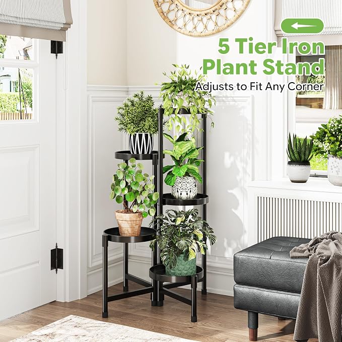 Simple Trending Plant Stand Indoor Outdoor, 5-Tiers Metal Corner Shelf, Tall Display Rack with 5 Rotating Trays, Heavy Duty Flower Holders for Patio Garden Balcony Living Room Bedroom, Black