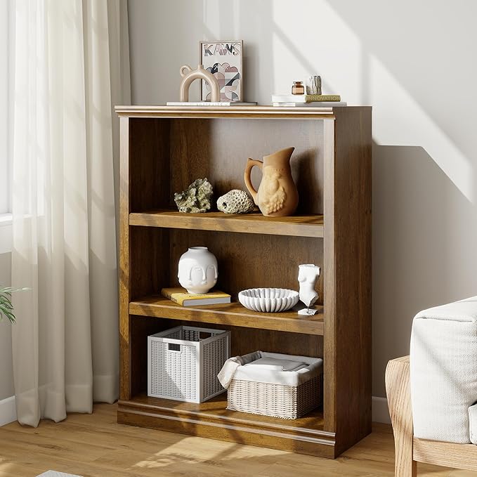 43 in Tall Bookcase, 3-Tier Bookshelf Open Storage, 33 inch Wide Floor Standing Indoor Furniture, Book Cases for Home School Library Office Bedroom Kids, Vintage Oak 3 Tiers