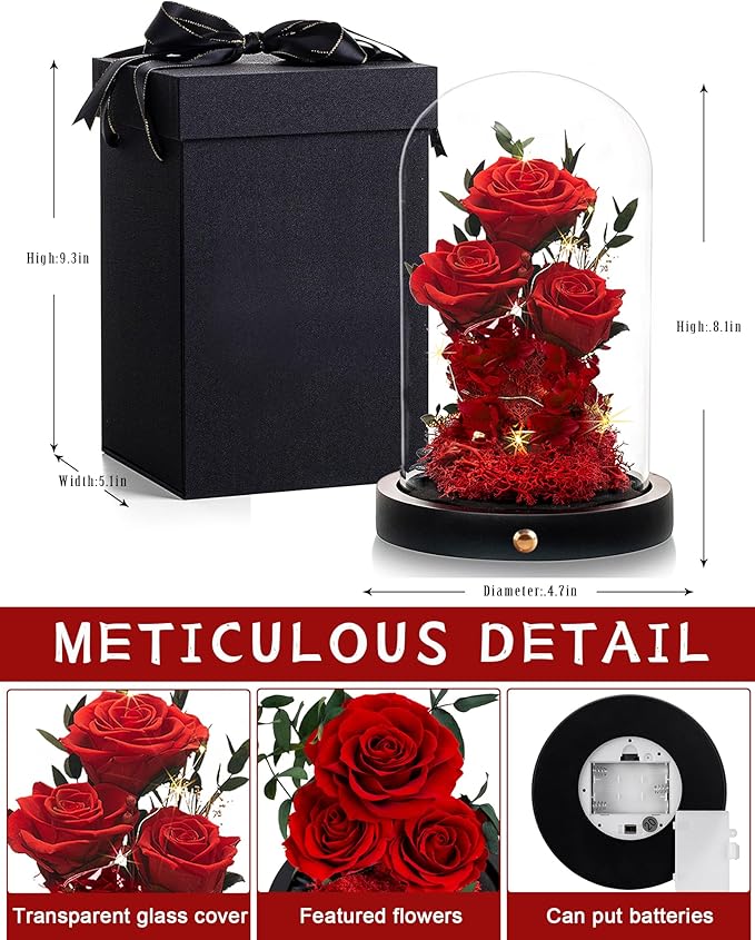 Christmas Flowers Roses Gifts for Mom,Forever Real Preserved Roses in Glass Dome,Christmas Anniversary Thanksgiving Gifts for Wife Girlfriend Women Best Friend Grandma/Red Rose