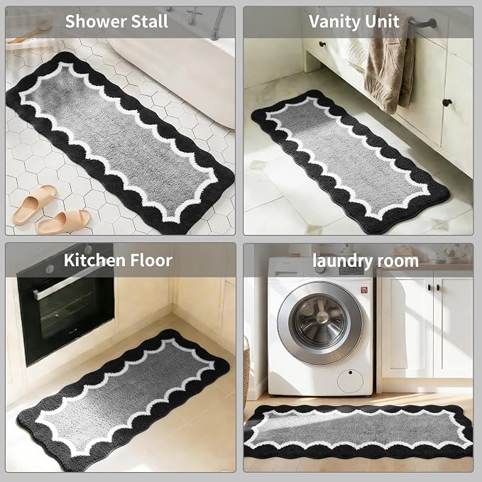 Scalloped Black Bathroom Rugs Mat,Non Slip Absorbent Quick Dry Bath Mats for Shower Room,Plush Microfiber Bath Rug for Bathroom Floor Washable Carpet for Shower Tub Sink Bedroom,17"x47"