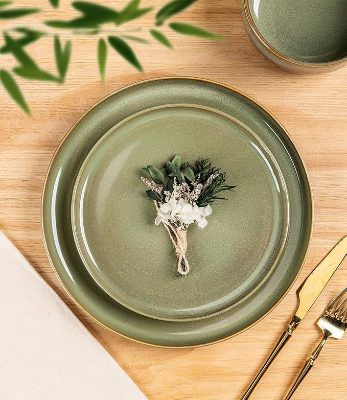 TheTerra Ceramic Dinnerware Sets for 6, 18 Pieces Handmade Reactive Glaze Plates and Bowls Set, Scratch Resistant Dish Set, Oven & Microwave & Dishwasher Safe, Sage Umber