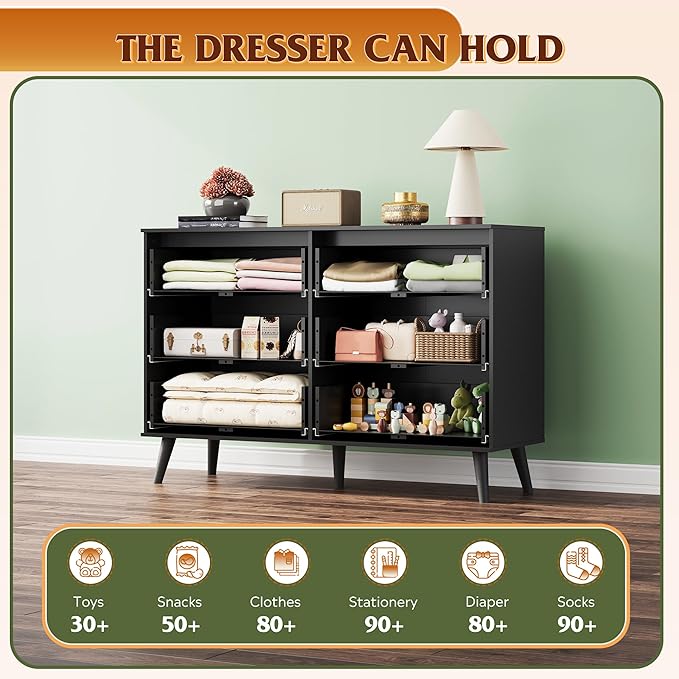 WLIVE Black Dresser for Bedroom, 47.24'' Wide 6 Drawer Wooden Dresser Storage Organizer with Sturdy Metal Handle, TV Stand for 55 inch TV, Chest of Drawers for Living Room, Hallway, Closet