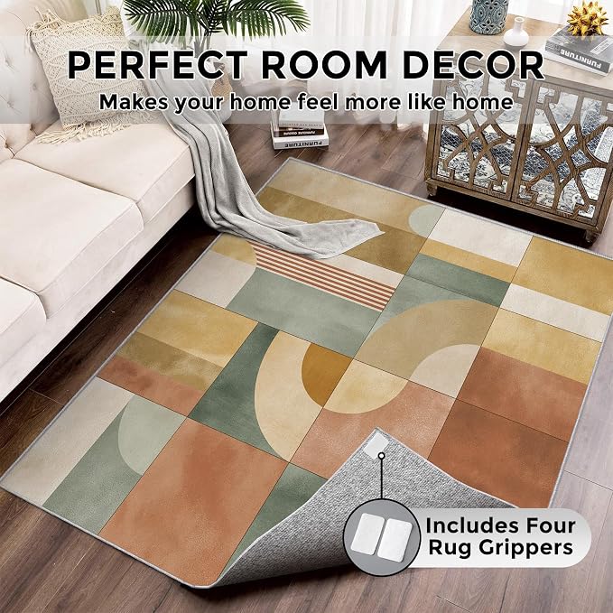 6x9 Mid Century Modern Rugs for Bedroom Decor, Washable Abstract Geometric Pattern Area Rug, Living Room Home Decoration, Non Slip Soft Thin, Mid Century Decor Carpet PF-P 117