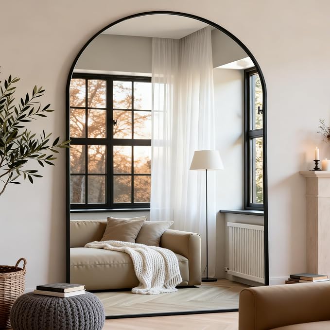 Dewfig Arched Full Length Mirror, 90"x46" Large Floor Mirror with Stand, Oversized Full Body Mirrors for Leaning or Hanging, Wall Mounted Mirrors for Bedroom, Living Room,Dressing Room, Black