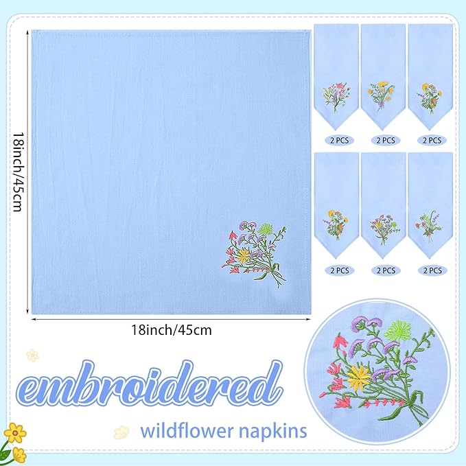 Tioncy 12 Pcs Christmas Floral Cloth Napkins Decorations Bulk Embroidered Wildflower Dinner Napkins Tea Cocktail Party Gifts Xmas Stocking Stuffers for Holiday Table Decor (Dusty Blue)