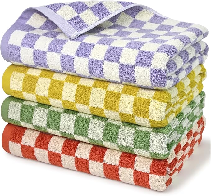 Jacquotha Checkered Bath Towels Set of 4-100% Cotton Towels for Bathroom, Shower, Pool & Beach (Purple, Yellow, Green, Orange), 520GSM