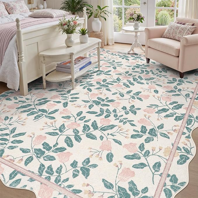 DCX Pink Botanical 5x7 Rug, Machine Washable Non Slip Stain Resistant Carpet, Kid & Pet Friendly Low Pile Floral Scalloped Rug for Living Room, Bedroom, Home Office