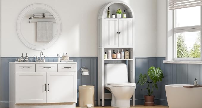 White Over The Toilet Storage Cabinet with Fluted Doors, 4 Tier Small Bathroom Shelf Organizer, Arched Bathroom Cabinet with Adjustable Shelf, Narrow Slim Toilet Rack, Anti-Tipping Device, Wood