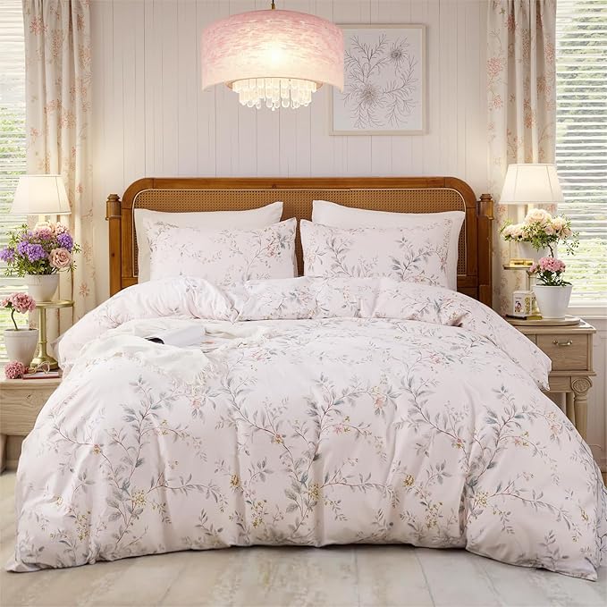 Duvet Cover Set King Size 3-PC Chic Garden Floral Ultra Soft 100% Long Staple Cotton Comforter Cover, Reversible Breathable Duvet Cover with Zipper Closure, Lightweight, All Season