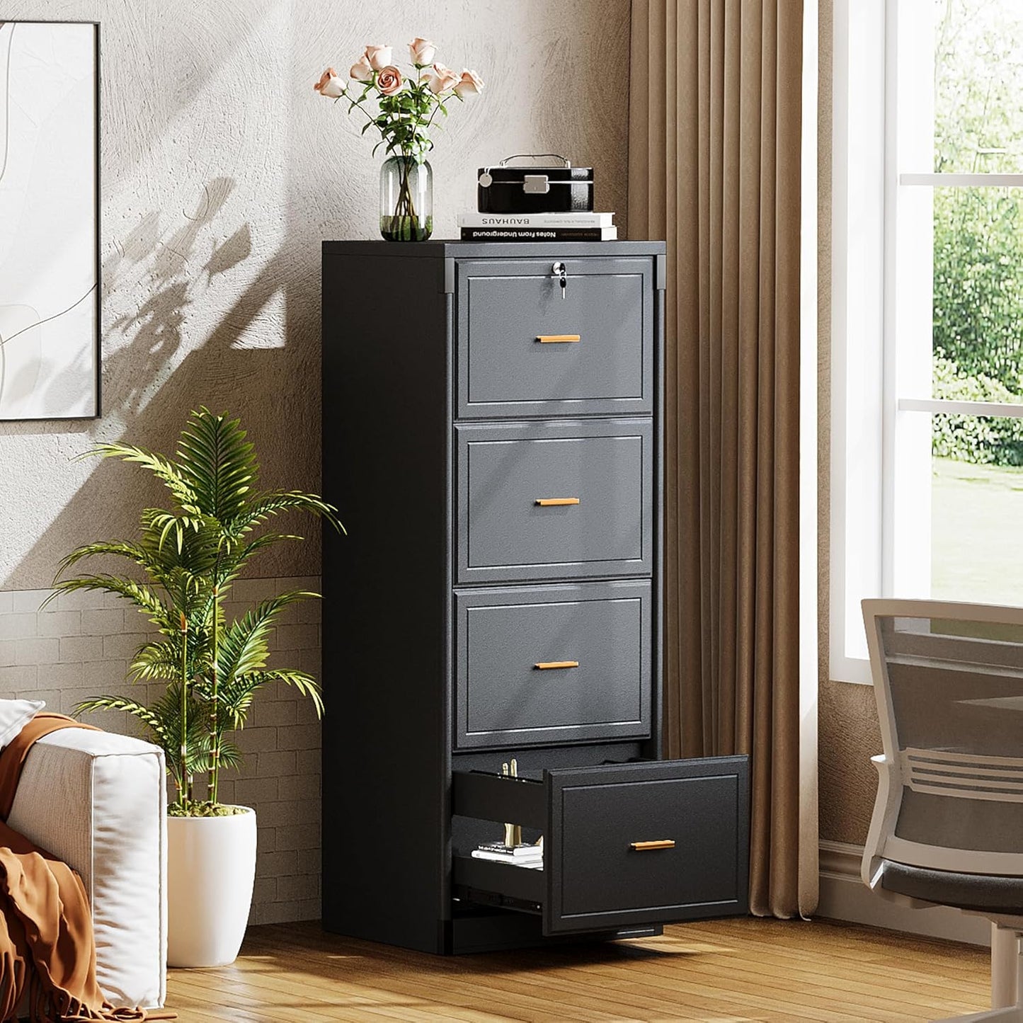 Tribesigns 4-Drawer File Cabinet - Lockable Wooden Filing Cabinet for Home Office | Black, Vertical Storage for Legal/Letter/A4 Files