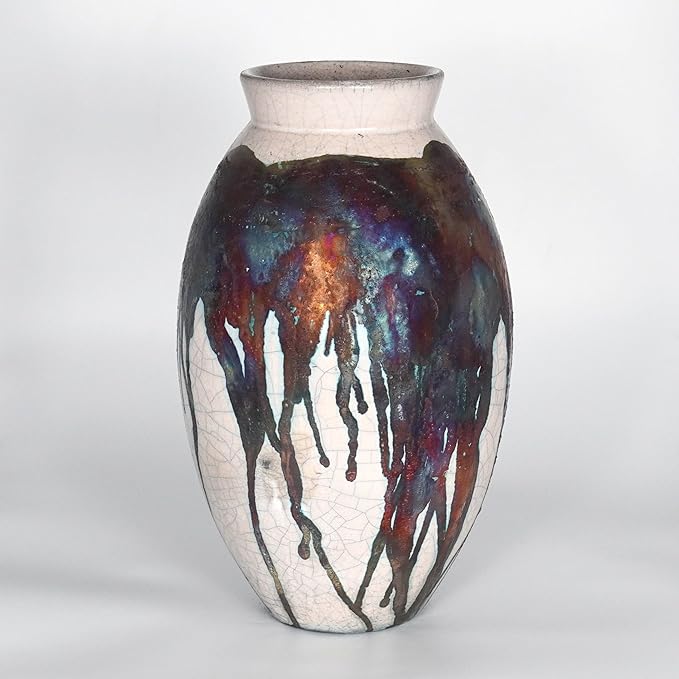 RAAQUU Large Oval Ceramic Half Copper Matte Vase S/N0000186 13.5" Raku Clay Pottery Handcrafted Art Home Décor Table Centerpiece Unique Gift for Her, Mom