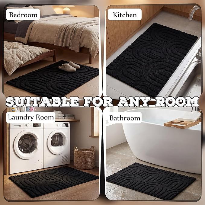 Drydiet Black Boho Jacquard Bathroom Rug for Bathroom 3D Arched Stripes Non Slip Absorbent Extra Thick Soft Carpet, Plush Bath Rug with Rubber Backing for Bath Shower, 20''x30''