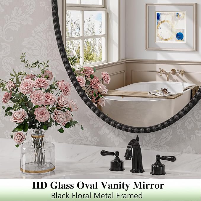 Black Oval Bathroom Mirror, 24x36 Inch Floral Oval Mirrors for Wall, Black Metal Floral Frame Mirrors for Bedroom Living Room Hallway, Hangs Horizontally or Vertically